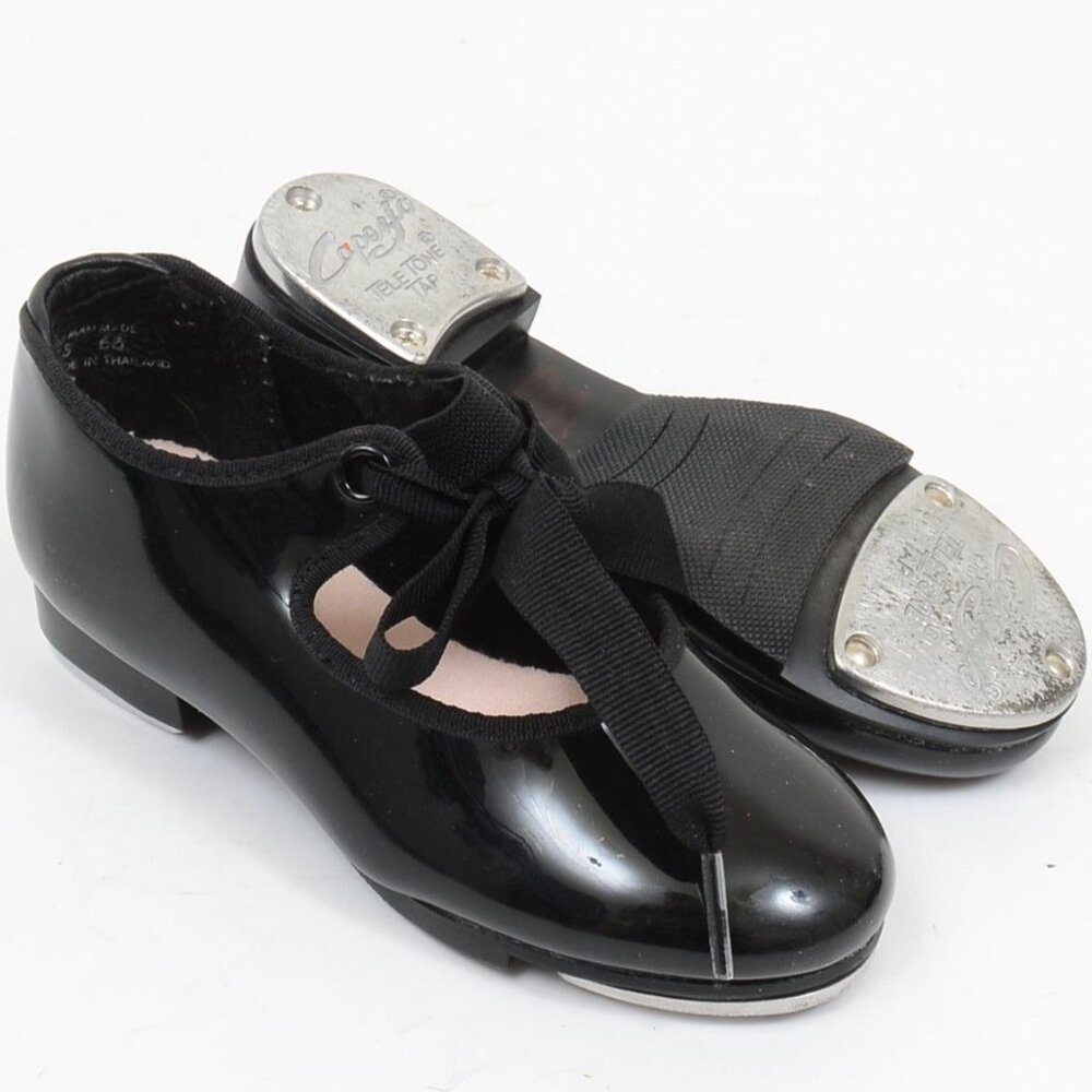 Capezio Jr. Tyette Tap Shoe Child Kids Girls Size 10 Shiny Black Ribbons